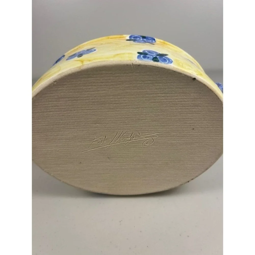 Hand Painted Yellow Blue Floral Ceramic Oval Serving Bowl Handles 10in‎ Signed